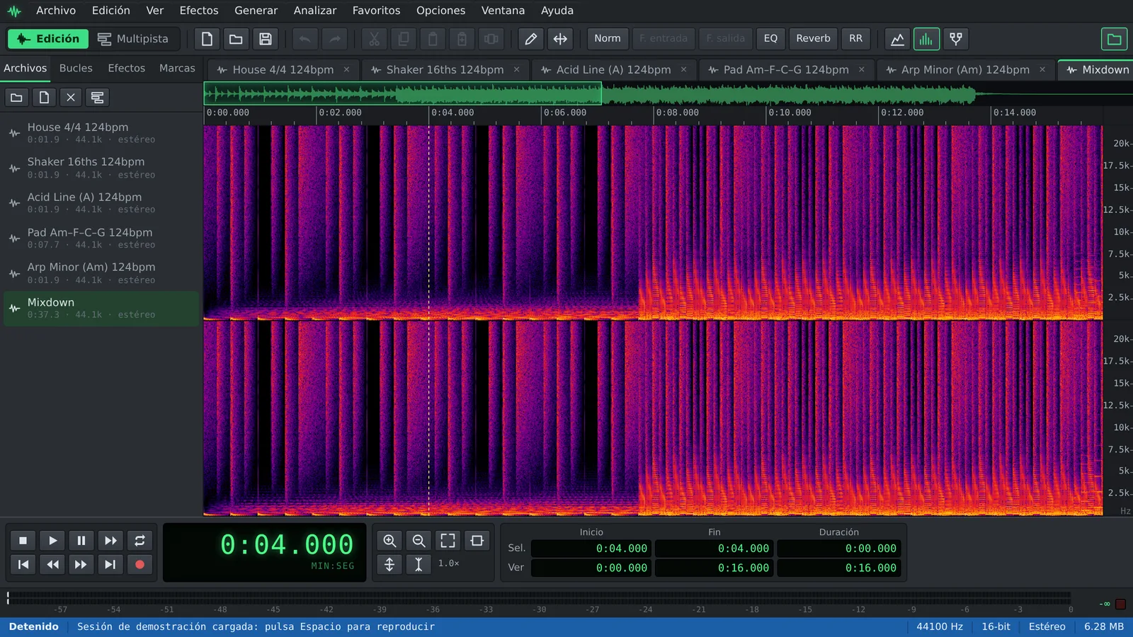 La vista espectral de una mezcla en el editor Auditius, con las frecuencias de 0 a 20 kHz a lo largo del tiempo